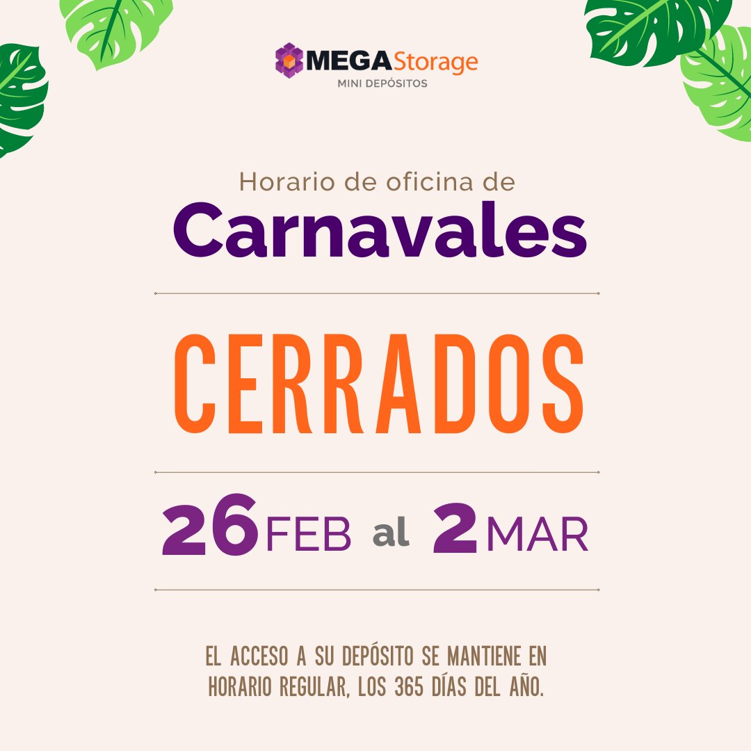 MegaStoragePTY's tweet image. Sólo paso por aquí para recordarte que nuestras oficinas estarán cerradas desde el sábado 26 de Febrero hasta el martes 2 de Marzo.

Que en estos carnavales puedas disfrutar y relajarte. ¡Felices Carnavales!
.
.
.
.
#HorariodeOficina
#Carnavales2022
#MEGAStorage
#MiniDepósitos