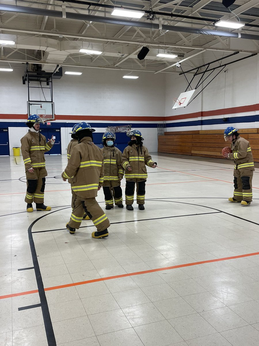 GlennFire's tweet photo. After completing the week’s lesson the Cadets wanted some more time getting used to their gear. So why not a game of basketball or football in the gym. #startingthejourney #futurefirefighters #futureleaders #GHSFA https://t.co/vUuinG40D5