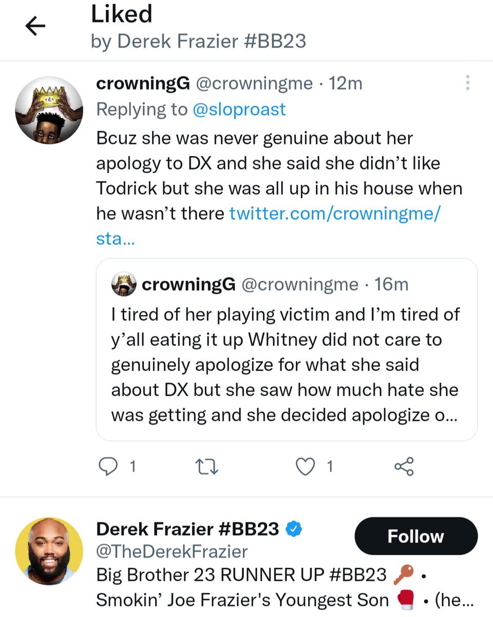 Derek Flop really hates women, it's been like over half a day and he still liking and retweeting anti Whitney comments #BB23