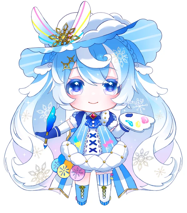 雪ミクちゃんデザインなんとかまとまった(?)ので…
『雪晴れの空+空模様を描く画家』をテーマにしました!おっとりしたふわふわな子です～!
https://t.co/pbEMRrt5sT 