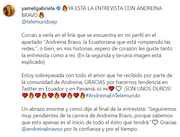 AlejandraV987's tweet photo. Las palabras de la entrevistadora♥️
#TeamAndrelfi 
#AndreinaEnTelemundo https://t.co/Iq6dykcFOB