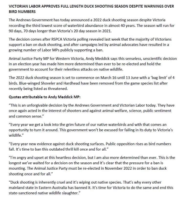 AndyMeddick2's tweet photo. Disgraceful. Unforgivable. 

It seems the Victorian Labor Government will only be satisfied when our native waterbirds are completely wiped out.

#SpringSt https://t.co/IA9uz6uvZ9
