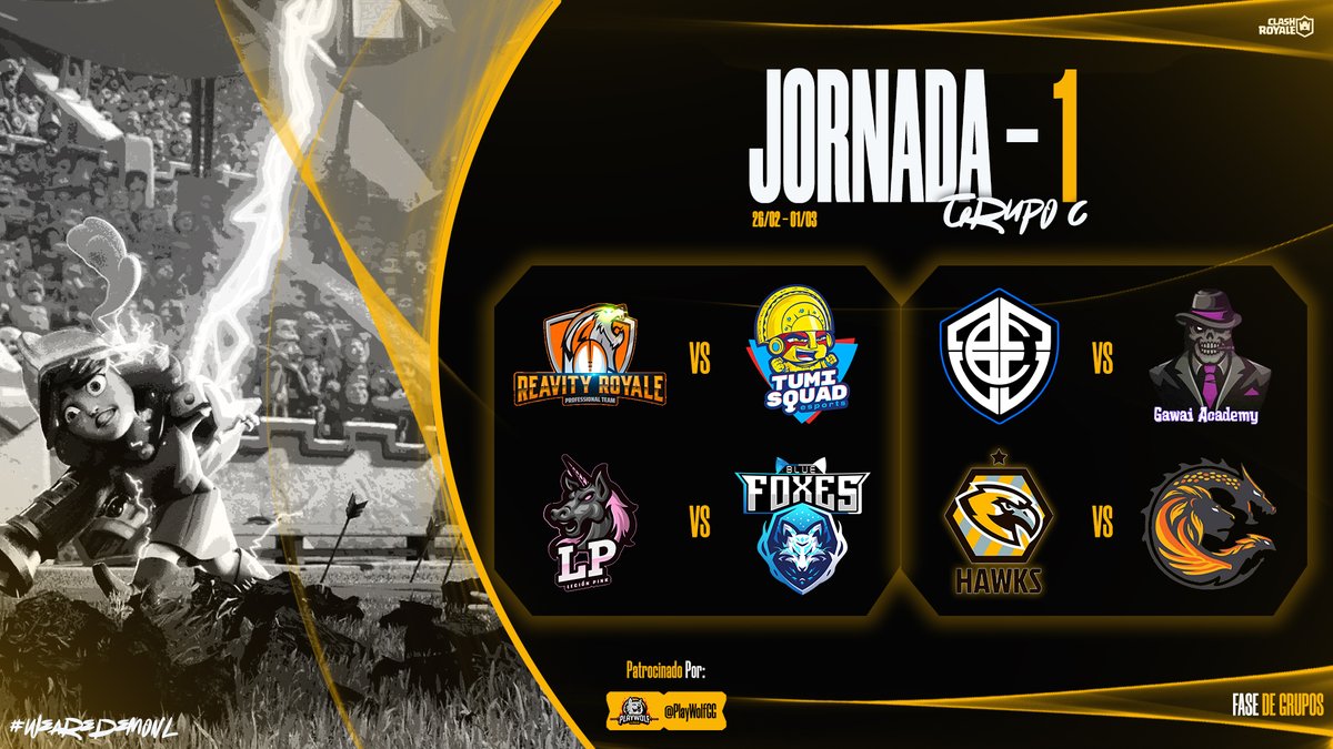 Demon League (@demon_leaguegg) on Twitter photo #ClashRoyale | ⚔️Fase de Grupos⚔️
📌| Jornada 1 - Grupo C
📅| 26/02 - 01/03
🏟️| <a href="/RReavity/">R I R Esports (Reavity Royale)</a> 🆚 <a href="/Eclubtumi/">Tumi Squad</a>
🏟️| <a href="/LegionPinkEs/">Legión Pink</a> 🆚 <a href="/FoxesTM/">Blue Foxes™</a>
🏟️| <a href="/CrossesGaming/">Dr.Doom</a> 🆚 <a href="/Gawai_academy1/">GAWAI ACADEMY ♠</a>
🏟️| <a href="/HawksSportss/">Hawks Sports 🦅</a> 🆚 @GS_GAWAI
Comenta tus equipos ganadores 👇
#WeAreDemonL #ClashRoyale | ⚔️Fase de Grupos⚔️
📌| Jornada 1 - Grupo C
📅| 26/02 - 01/03
🏟️| <a href="/RReavity/">R I R Esports (Reavity Royale)</a> 🆚 <a href="/Eclubtumi/">Tumi Squad</a>
🏟️| <a href="/LegionPinkEs/">Legión Pink</a> 🆚 <a href="/FoxesTM/">Blue Foxes™</a>
🏟️| <a href="/CrossesGaming/">Dr.Doom</a> 🆚 <a href="/Gawai_academy1/">GAWAI ACADEMY ♠</a>
🏟️| <a href="/HawksSportss/">Hawks Sports 🦅</a> 🆚 @GS_GAWAI
Comenta tus equipos ganadores 👇
#WeAreDemonL