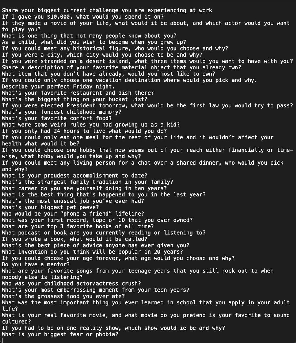 scrappycoder's tweet image. Yo #100Devs familia. Those coffee chats are tough when you run out of things to talk about. Here's a list of questions to get to know more about the person you're talking to and get into some interesting conversations