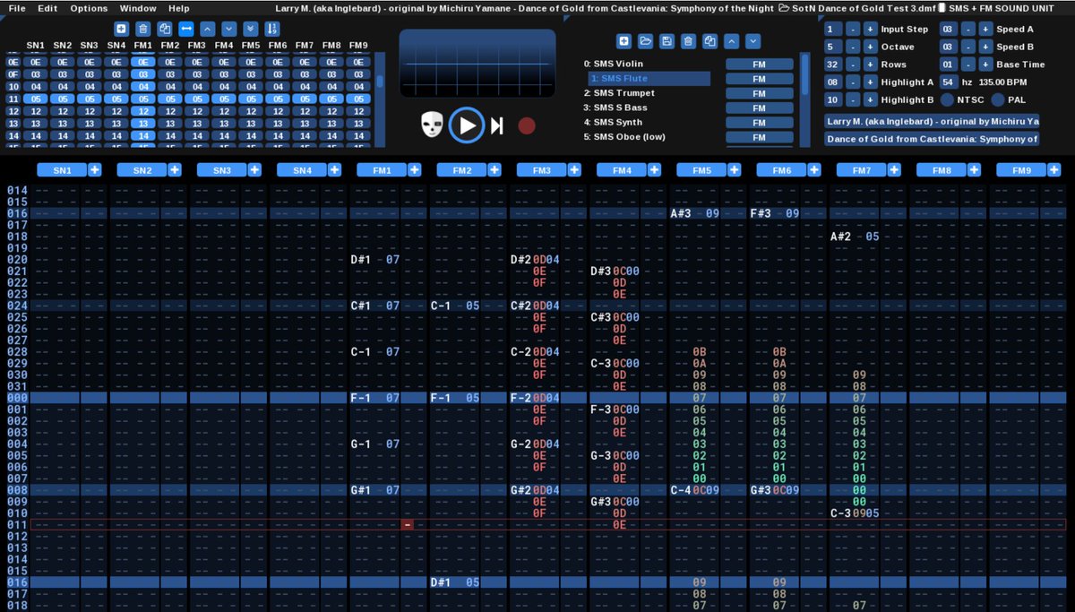 Inglebard4's tweet image. Sega Master System FM is pretty interesting. It's way different from the FM chips that followed.

It has 9 (!) FM channels. You lose 3 of which if you enable the built-in drums. All the instruments are predefined, like on a music keyboard. You can add one custom one. #deflemask