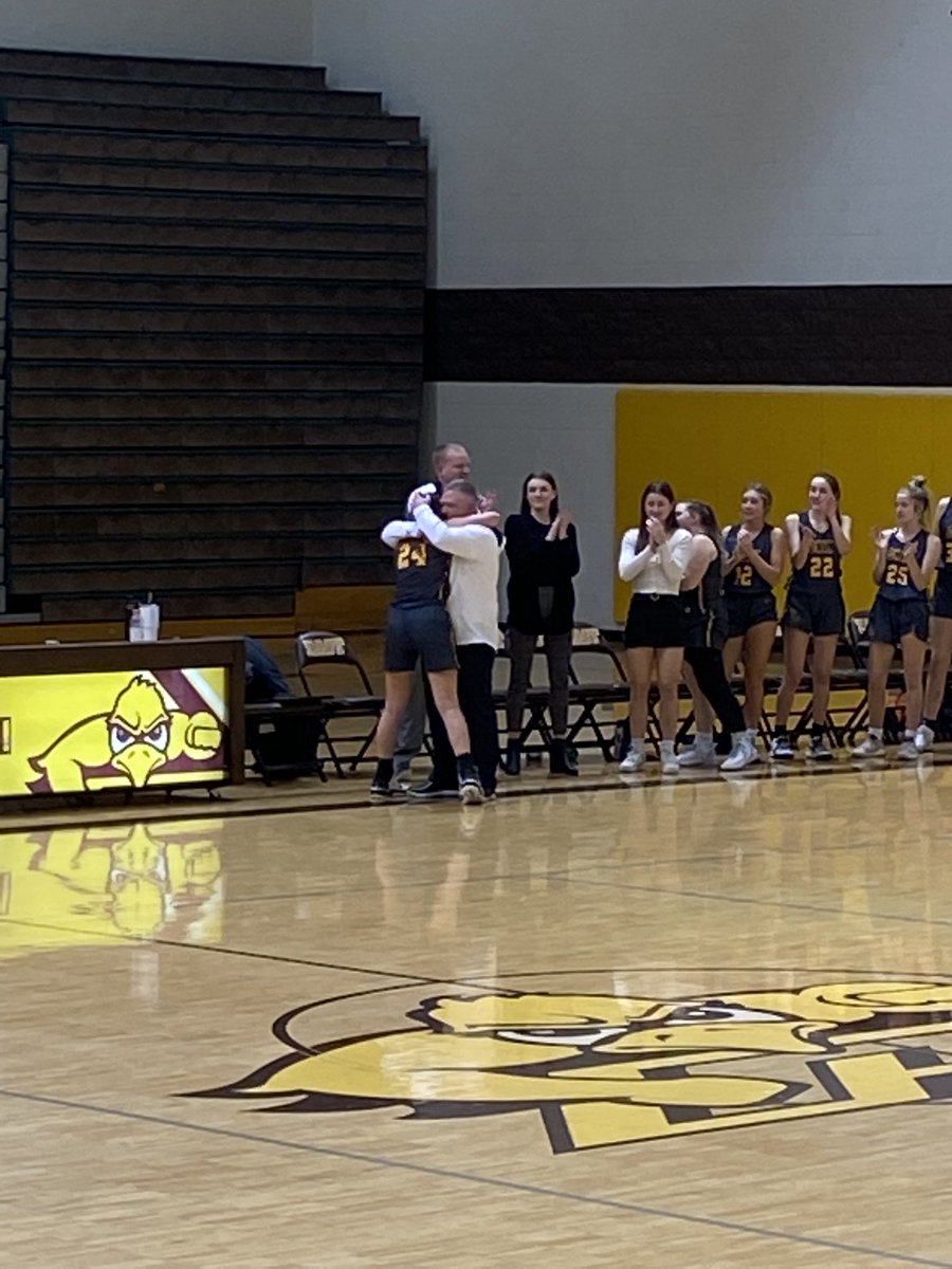 Mr_Krynicki's tweet photo. Pretty much sums up what high school athletics is about… making memories with teammates and coaches!  So happy @therealemmaaa and I were able to see @maddie_schuur senior night.  She went out in style two swishes from the line!  Best of luck in districts.  #MakeShots9 https://t.co/MDx1B7EW7F