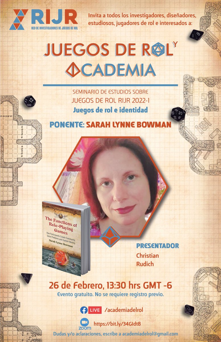 RIJRol's tweet photo. Como parte del primer Seminario de Estudios sobre Juegos de rol los invitamos a la conferencia "Juegos de rol e Identidad" impartida por la doctora Sarah Lynne Bowman el proximo 26 de febrero a las 13 30 horas (GMT -6) 

los esperamos https://t.co/0q7sdpkjt2 https://t.co/n1CziR8fqG