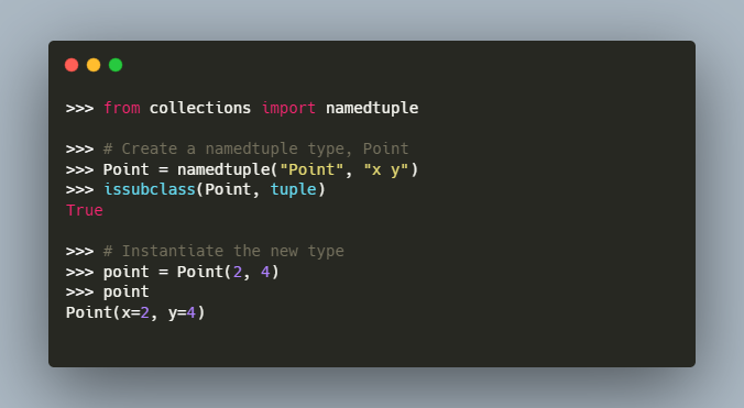realpython's tweet image. 🐍⚙ Python Tricks - Use namedtuple to write Pythonic and clean code

With namedtuple(), you can create immutable sequence types that allow you to access their values using descriptive field names and the dot notation instead of unclear integer indices.