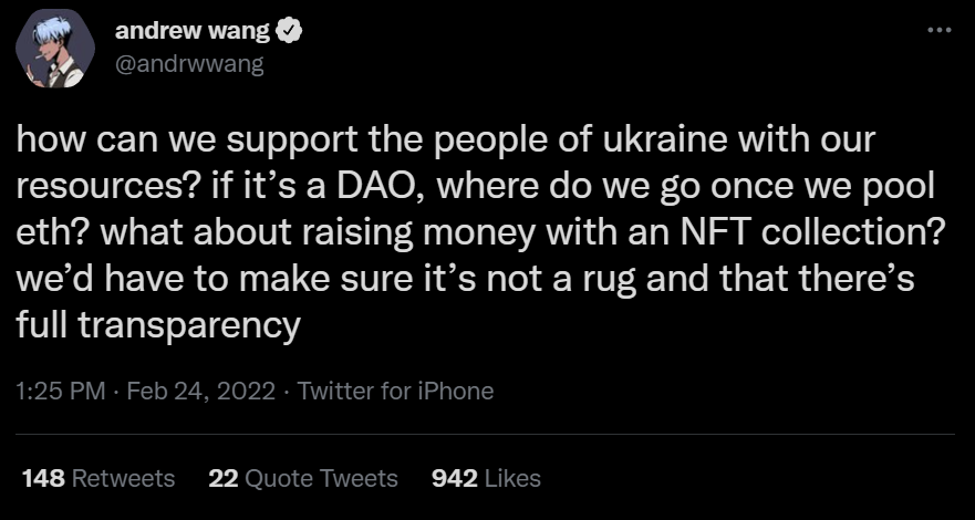 MikeSylphDapps's tweet photo. 32 hrs after @andrwwang's "how can we help?" tweet, @reli3fxyz opened minting and raised over a $1m in 30 secs, all of which will help the people of Ukraine.

This is what the internet of value makes possible. This time scale is impossible in web2.

❤️ this community

#ThisIsWeb3 https://t.co/kBOEQkQ0dk