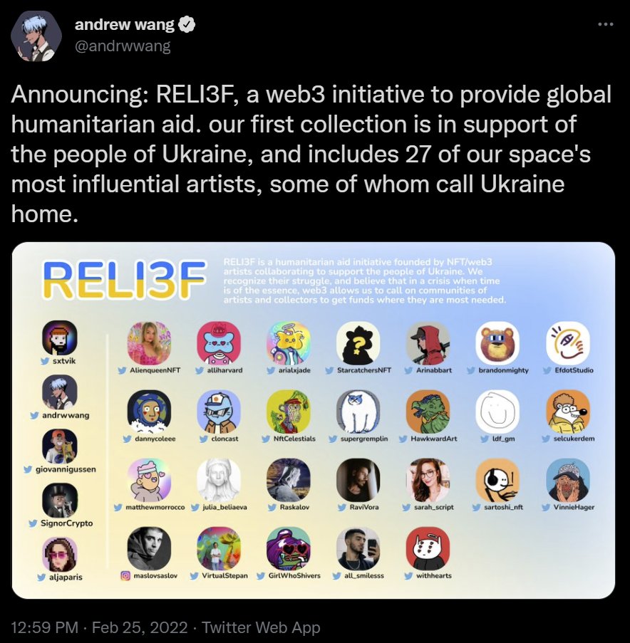 MikeSylphDapps's tweet photo. 32 hrs after @andrwwang's "how can we help?" tweet, @reli3fxyz opened minting and raised over a $1m in 30 secs, all of which will help the people of Ukraine.

This is what the internet of value makes possible. This time scale is impossible in web2.

❤️ this community

#ThisIsWeb3 https://t.co/kBOEQkQ0dk