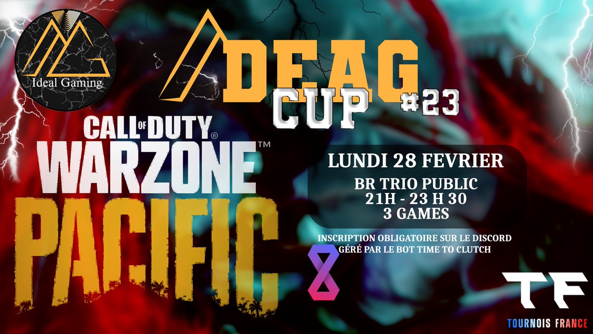 iDeal__Gaming's tweet photo. Hey, le traditionnel tournoi idéal gaming c'est lundi soir 👊

La iDeaG CUP #23 c'est lundi 28 février : 

- Trio Public 
- 21h-23h30 (plus partie en cours) 
- 3 meilleures games 
- Tout est pris en charge par Le bot Time to Clutch 

On ce retrouve lundi 😉 https://t.co/HZ1lIWIEeI