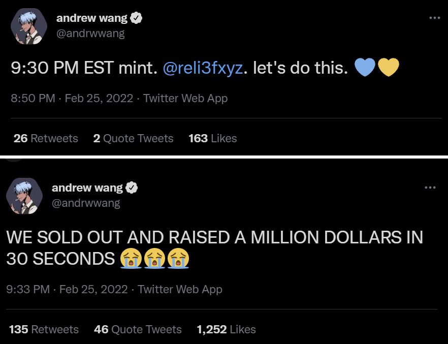 MikeSylphDapps's tweet photo. 32 hrs after @andrwwang's "how can we help?" tweet, @reli3fxyz opened minting and raised over a $1m in 30 secs, all of which will help the people of Ukraine.

This is what the internet of value makes possible. This time scale is impossible in web2.

❤️ this community

#ThisIsWeb3 https://t.co/kBOEQkQ0dk