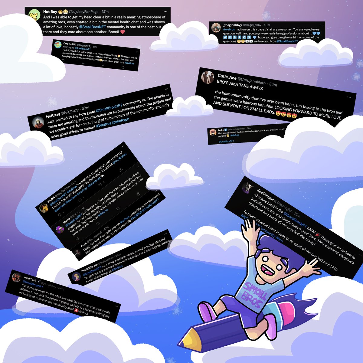 SmallBrosNFT's tweet photo. GM Bros!☕ 

We wanted to share all the LOVE we've received from the Bros yesterday evening after our exclusive Discord event🙌💙

We love you Bros💙 https://t.co/teF90CPHK2