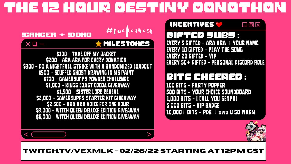 vexmlk's tweet image. ✘ MILESTONES &amp;amp; INCENTIVES FOR THE 12 HOUR DESTINY DONOTHON ON 02/26/22 STARTING AT 12PM CST ! ✘

DONATIONS ARE NOT OBLIGATORY, BUT ARE EXTREMELY APPRECIATED !

INFORMATION REGARDING THE REASON FOR THIS DONOTHON : 

RTs ARE SO HELPFUL &amp;amp; SO APPRECIATED ! ❤️