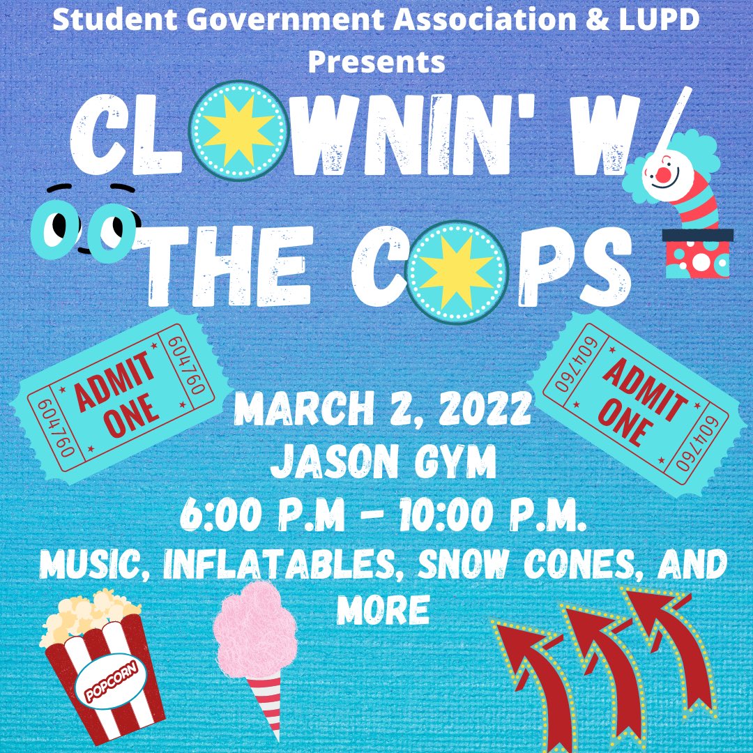 SGALUMO's tweet photo. LUPD is teaming up with SGA for a night of food,games, and music to give our students and staff positive and fun interactions❕Come out and join us for some fun❕💙 https://t.co/XAkzijxwB3