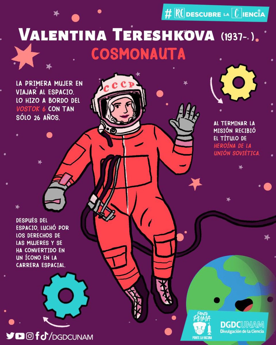 DGDCUNAM's tweet photo. #MujeresEnLaCiencia

Valentina Tereshkova fue la primera mujer en conquistar el espacio 👩‍🚀🚀 https://t.co/1MUw5csay4