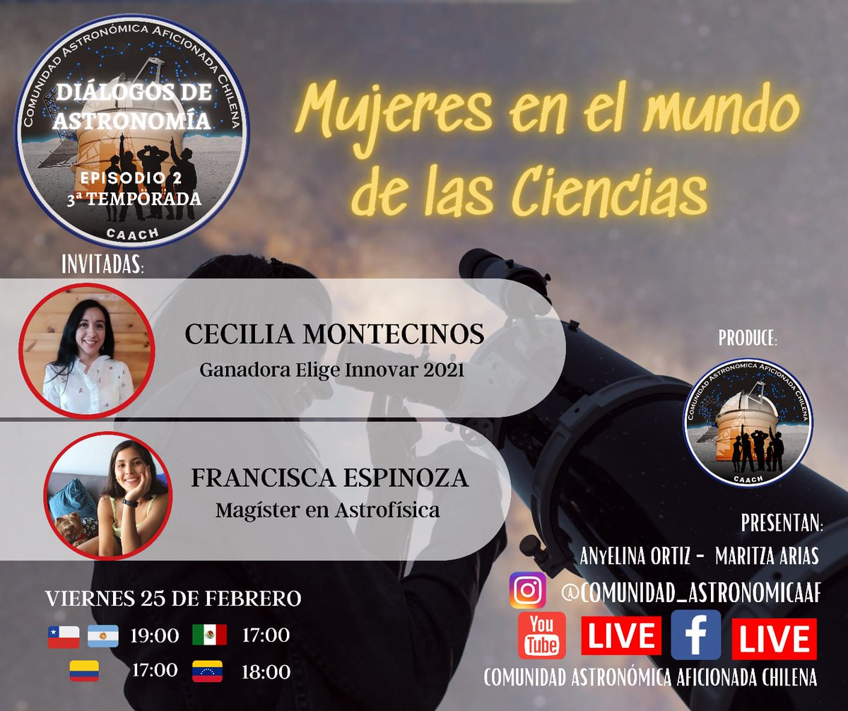 ComAstronomica's tweet photo. Mujeres investigando 📚 divulgando 💫 y educando en #Ciencias 🔭 3ra temporada de #DiálogosDeAstronomía 
Ve el episodio completo en https://t.co/MGu51d5O8b https://t.co/blAJmq1cPT