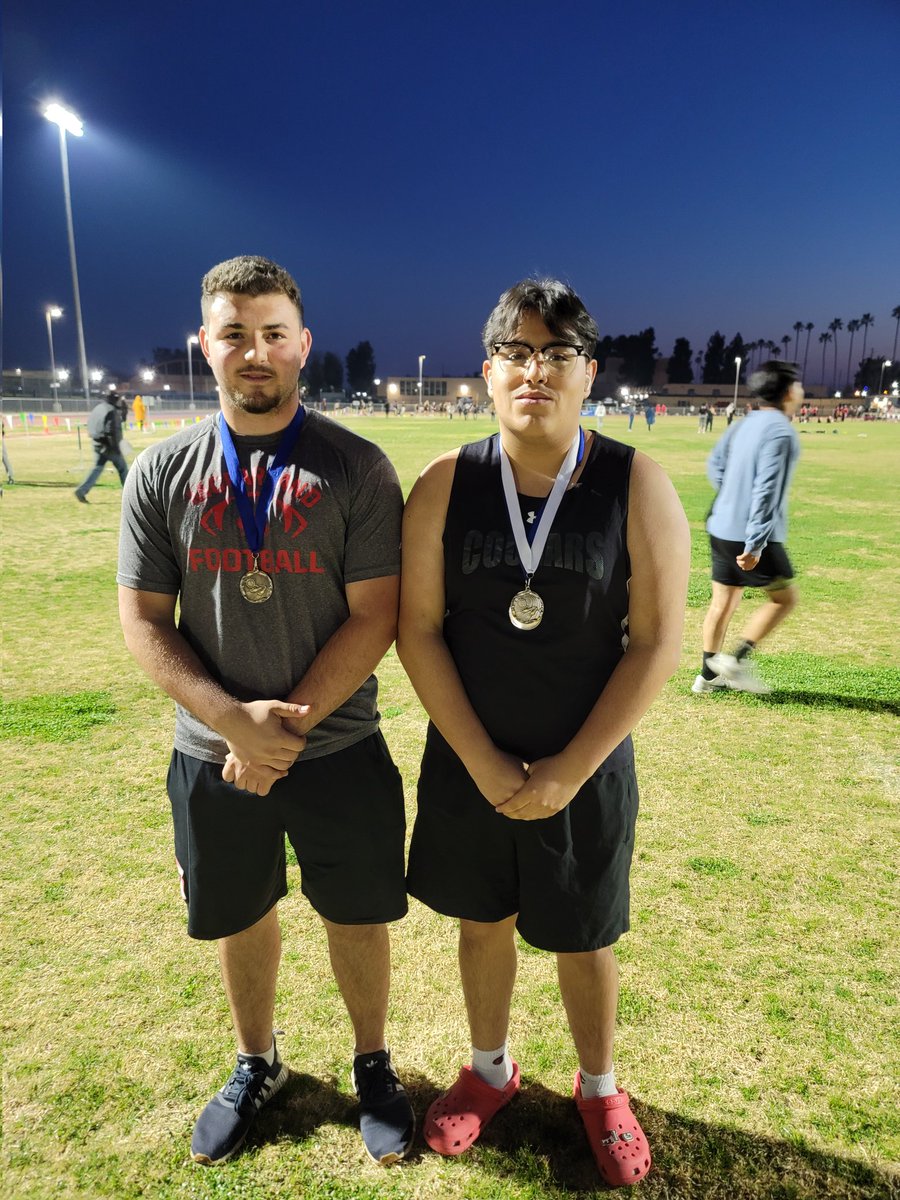 Congratulations Christian Gomez and Isaiah Figueroa for your victories at the Delano Track meet today. 
Christian took 1st shotput and
Isaiah got 1st in the shotput and 3rd in discus. Way to go Cougars!