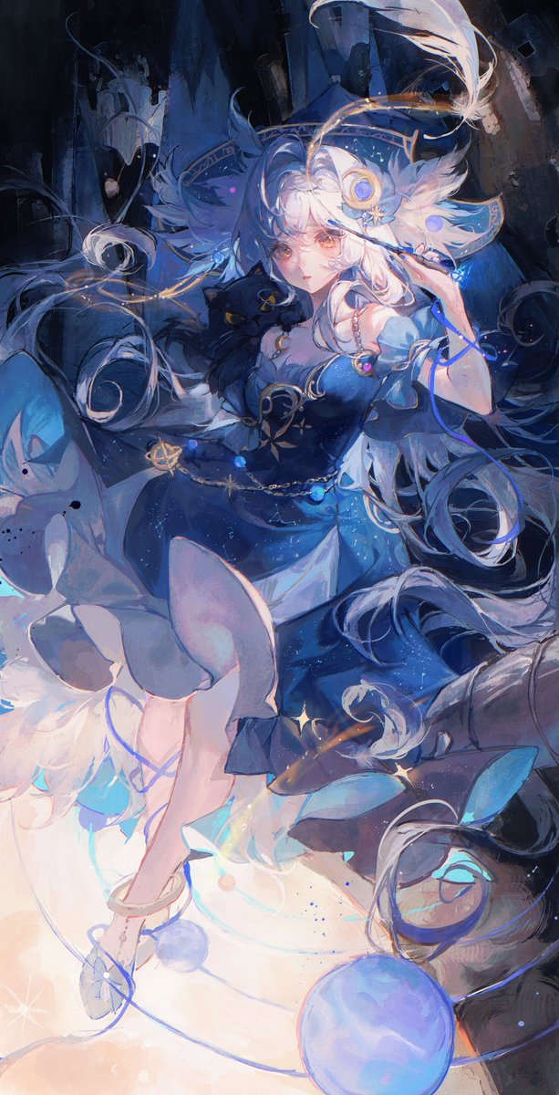 1girl dress long hair blue dress solo holding holding wand  illustration images