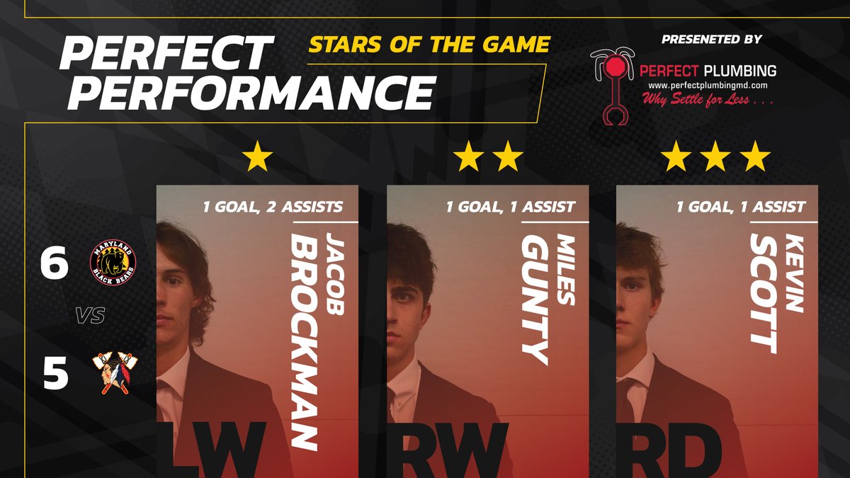 Your Perfect Performance Stars of the Game, presented by Perfect Plumbing! 🤩 Brockman, Gunty and Scott; all major contributors in tonights victory! 

#MarylandBlackBears | #NAHL