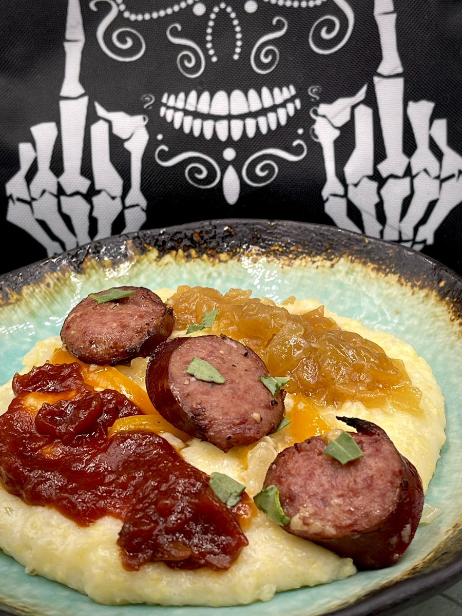 MorePCThanIan's tweet photo. Well it’s #FridayNight I thought you might need some of my #FoodPorn to help you sleep.. #Kielbasa with #CheesyPolenta topped with #TomatoJam and #OnionJam https://t.co/1ZabHdb8An