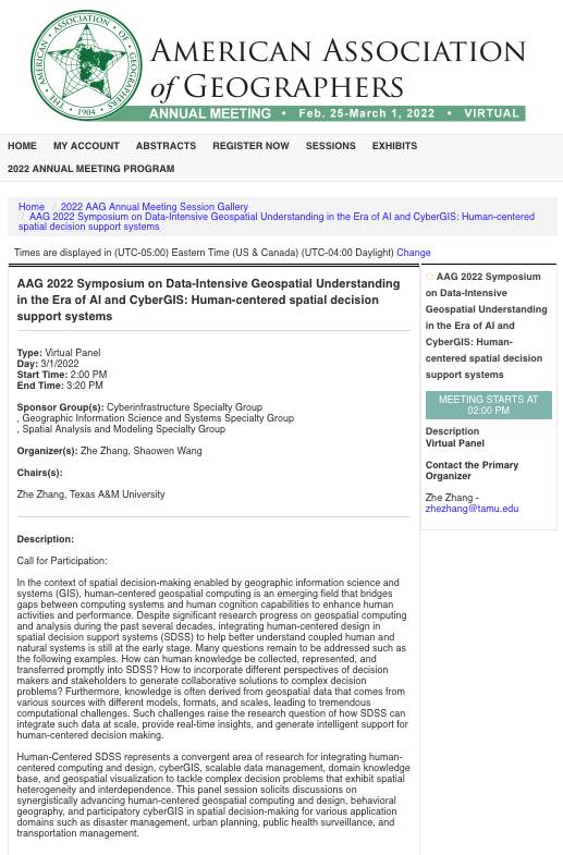 Zhe_GIS's tweet photo. Welcome to AAG 2022 Symposium on Data-Intensive Geospatial Understanding in the Era of AI and CyberGIS! 
https://t.co/hZOVBypw2H

Our panel session titled "Human-centered Spatial Decision Support Systems" will be on March 1st at 2 pm Eastern Time. Welcome! https://t.co/Sywm1KsfoZ