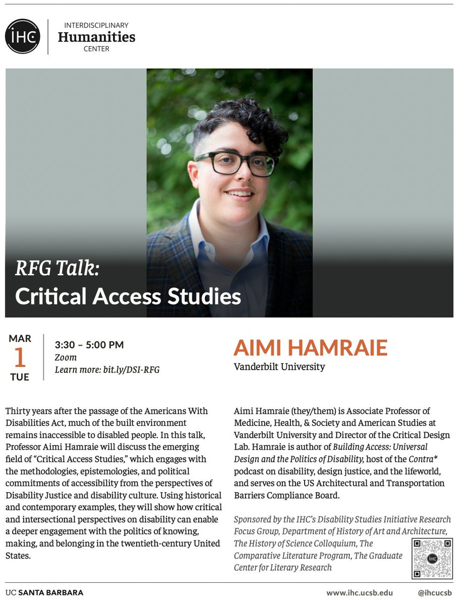 elizguffey's tweet photo. Really looking forward to @AimiHamraie on Critical Access Studies @ihcucsb @AccessUc @DisStdUCLA @UCSBHistory  register for zoom talk: https://t.co/g6XRbmlSw8 https://t.co/0GRxpXevJy