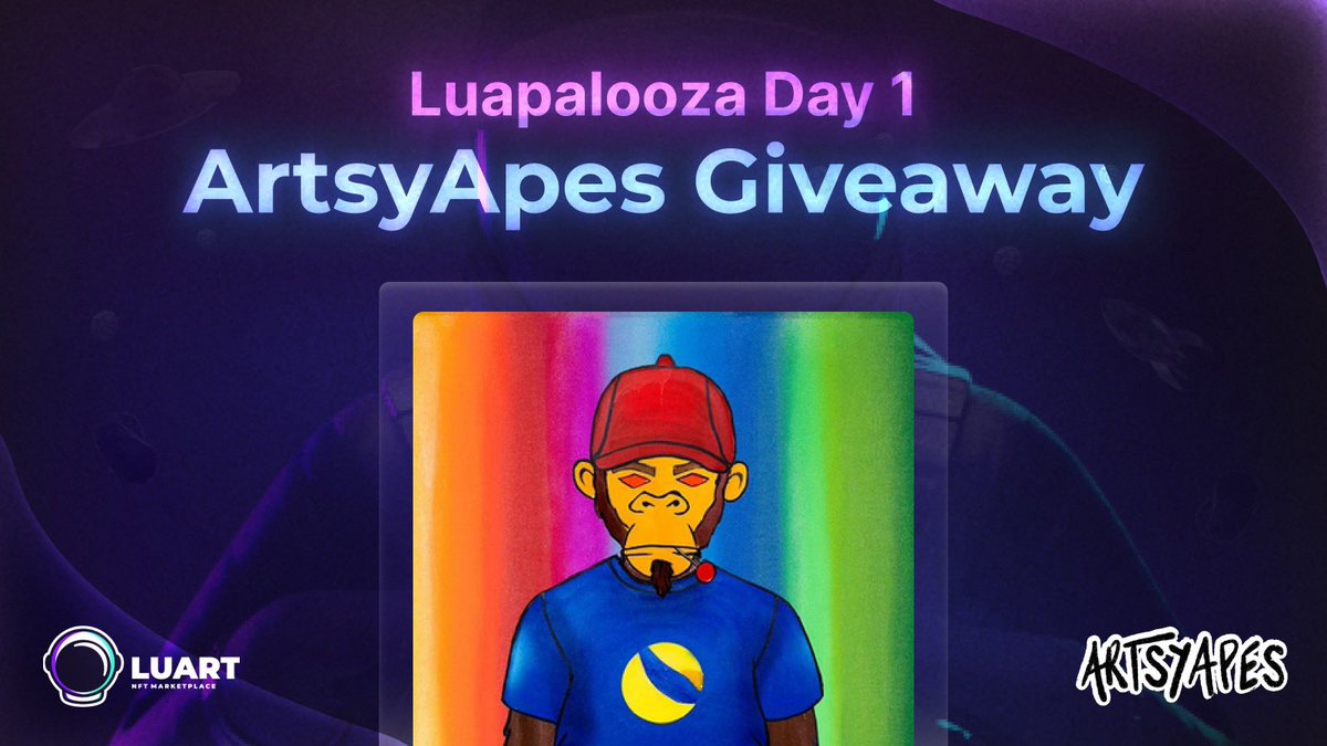 luart_io's tweet photo. 🚀⭐️ARTSYAPES GIVEAWAY⭐️🚀

🎊🎈LUAPALOOZA DAY 1🎈🎊

Kicking off the 1st day of Luapalooza, we’ll be giving away this DEGEN Ape with @ARTSY_APES 🍌🦍

Rules:
✅ Like &amp; Retweet
✅ Tag 2 frens

ENDS: 26/02 @ 11:59 PM EST

#PutYourHelmetOn 🧑‍🚀 $LUNA $UST https://t.co/lta3Btv4cU