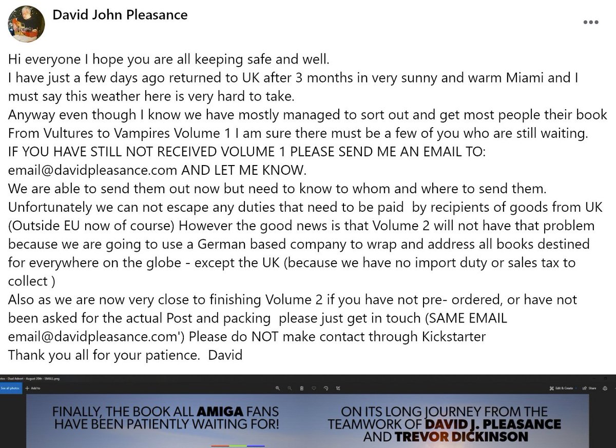 David Pleasance and Trevor Dickinson "Vampires" book still not shipped to all 2020-2021 customers. Admit taking new payments in past three months that were known to be unshippable. Require email complaint (bypassing Kickstarter) to ship missing 2020-2021 books. That's not right!!