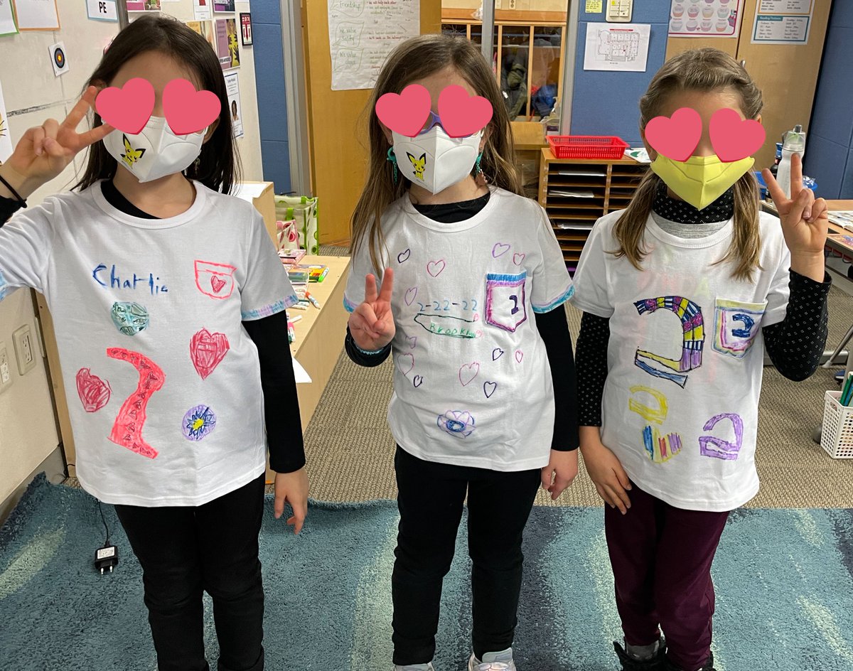 Shammerberg77's tweet photo. The joy of being in grade 2 on 2/22/22, which also happened to be a Tuesday and day 2 @SFS1912 Students enjoyed designing and making special t-shirts! #SFS1912 https://t.co/ZR79bM79pX