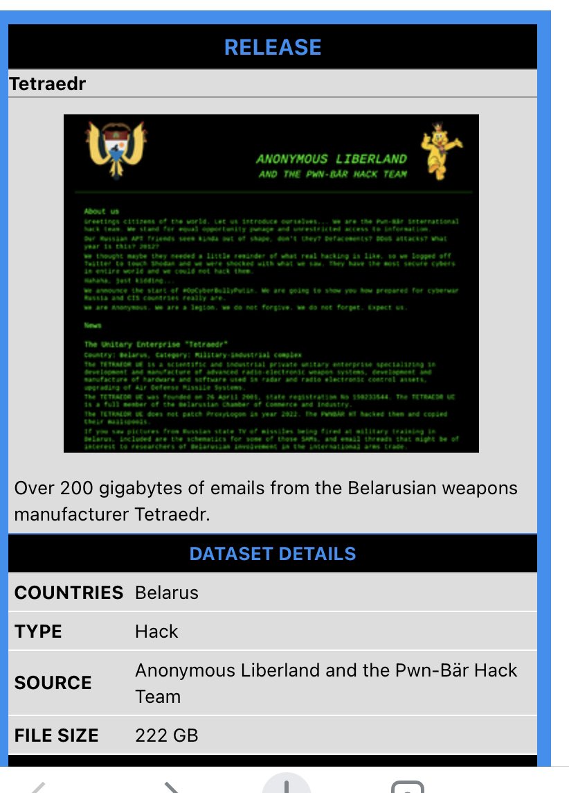#Anonymous leaks around 200GB of emails from Belarusian weapons maker Tetraedr. This company provided logistical support to Vladimir Putin in his invasion of #Ukraine. #OpRussia #StandWithUkraine