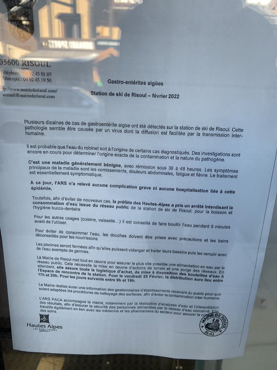 Mega épidémie #gastro-entérite risoul, incurie des autorités locales ! Aucune communication, une petite affiche sur la pharmacie  a j+4. aucune annonce, alors que la Conso d’eau est interdite !  #arspaca #prefecturedeshautesalpes on Priviligie la saison à la santé publique ?