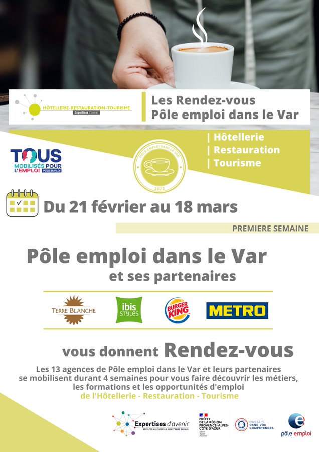 ZAMPOLINImarc's tweet photo. 📣@pole_emploi ds le #Var &amp; ses Partenaires #TousMobilisés pr les Entreprises de l’#Hôtellerie #Restauration #Tourisme
👉 Vous souhaitez Recruter ?
👉 Vous seriez intéressé pour promouvoir votre filière &amp; ses métiers ?
Soyez acteur de vos #RendezVous ! Contactez votre Pôle emploi https://t.co/IRg4o4DIIe