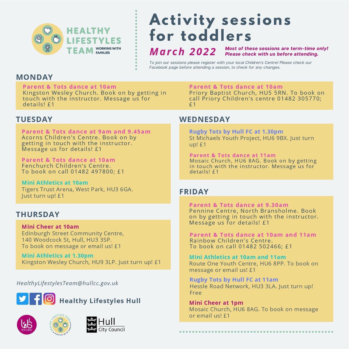 Our early years physical activity timetable for March! Due to increasing popularity, some of our sessions are subject to booking. Contact us to confirm your place 😀!
#HealthyHull #GetHullActive #Hull