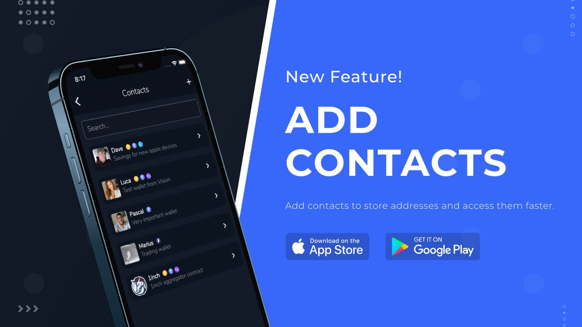 🚀 NEW FEATURE 🚀

You can now add contacts to store addresses and access them faster!

Download the #Vision update now and add your first contact.

app.vision-crypto.com/link/download

-

#Crypto #Cryptocurrency #Bitcoin #BTC #VSN #App #Update #NewFeature