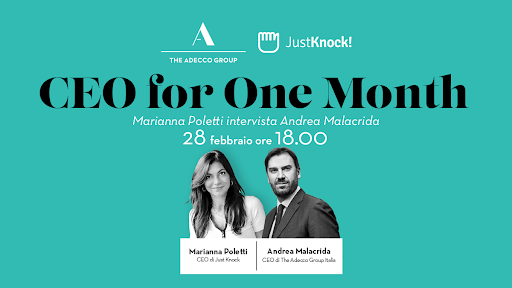 AdeccoGroupITA's tweet photo. Come si formano i leader del futuro? Che ruolo gioca, in tal senso, #CEOforOneMonth? Il 28/02, alle 18.00, @MariannaPoletti, CEO di @Justknock, intervisterà il nostro AD @aamalacrida per rispondere a queste e molte altre domande. Per seguire la diretta: https://t.co/xdpYt1PrVi https://t.co/rIskG2Dqxc