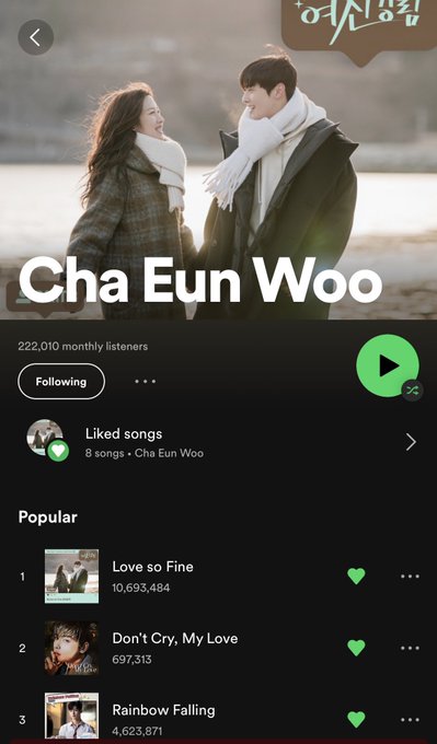 @offclASTRO The lower no. of views for Eunwoo is most probably because song has been placed under his newly created profile rather than his older artist profile. Hope @SpotifyKR @Spotify @SpotifyKDaebak would resolve it soon. But till then keep streaming & let's reach 50k soon. Thanku all!