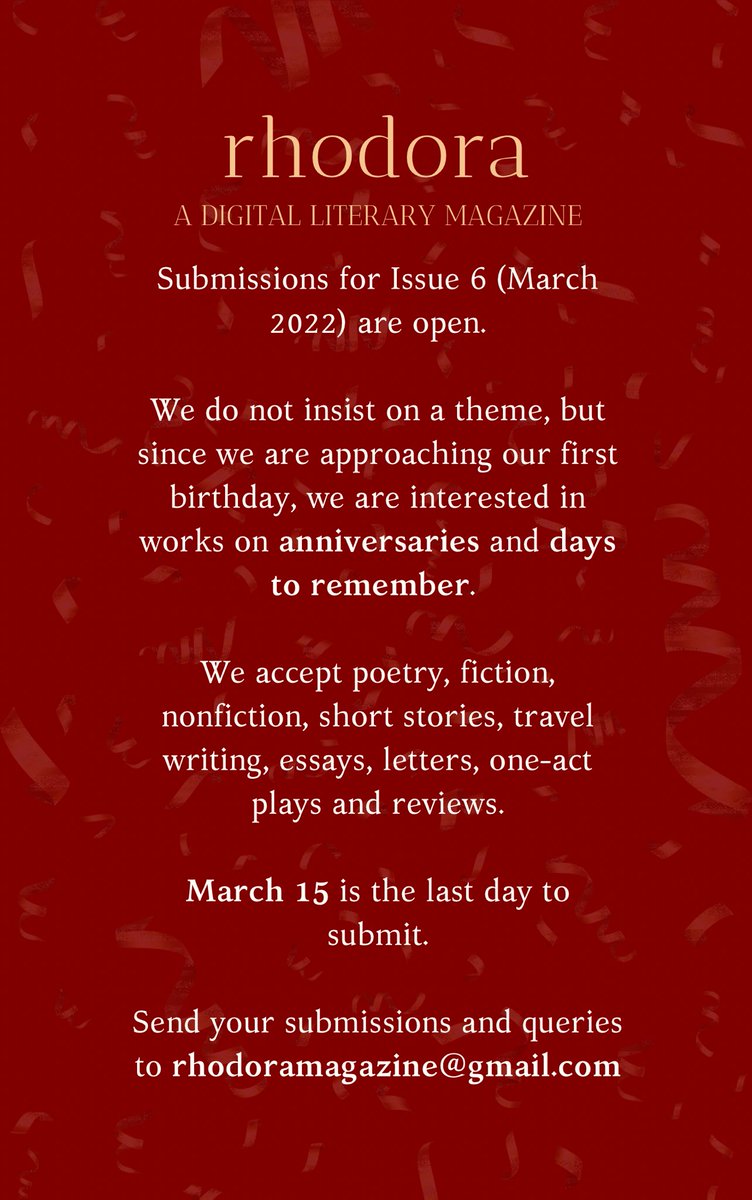 RhodoraMagazine's tweet photo. Submissions open for Issue 6 (March 2022)!

#callforsubmissions #submissionsopen https://t.co/8DkBMgKv2g