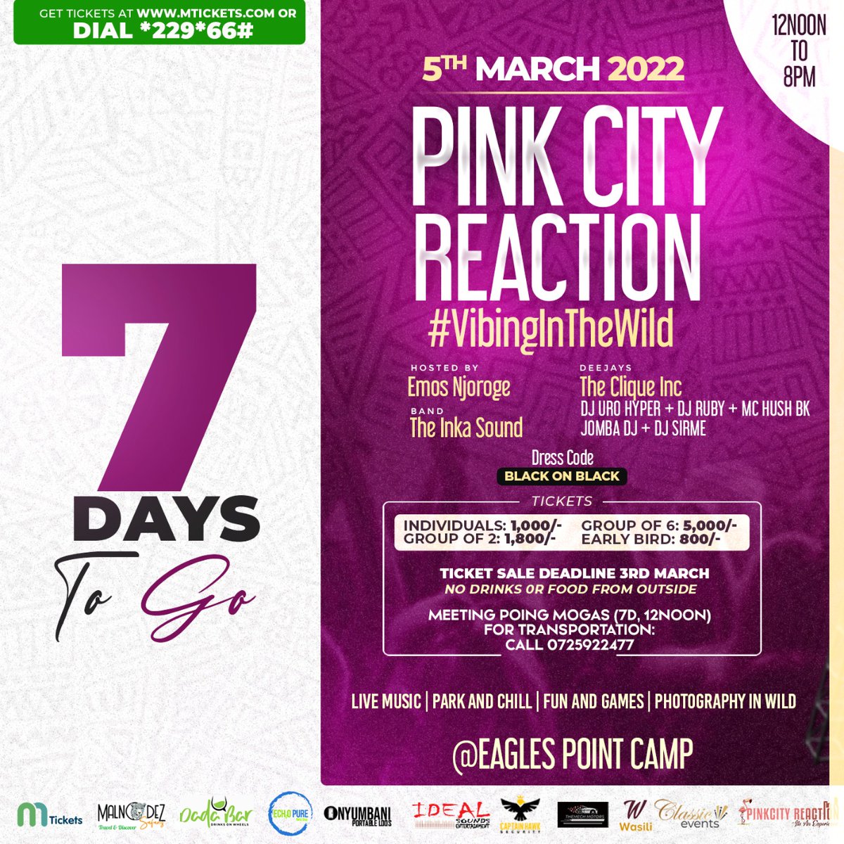pinkcityreactio's tweet image. Seven Days to vibing in the wild..Limited Early bird tickets available. 
Get Advance Tickets via *229*66# or go to Mtickets👇🏿👇🏿 link  mtickets.com/buy/pink-city-…

#TwendePinkCity #vibinginthewild