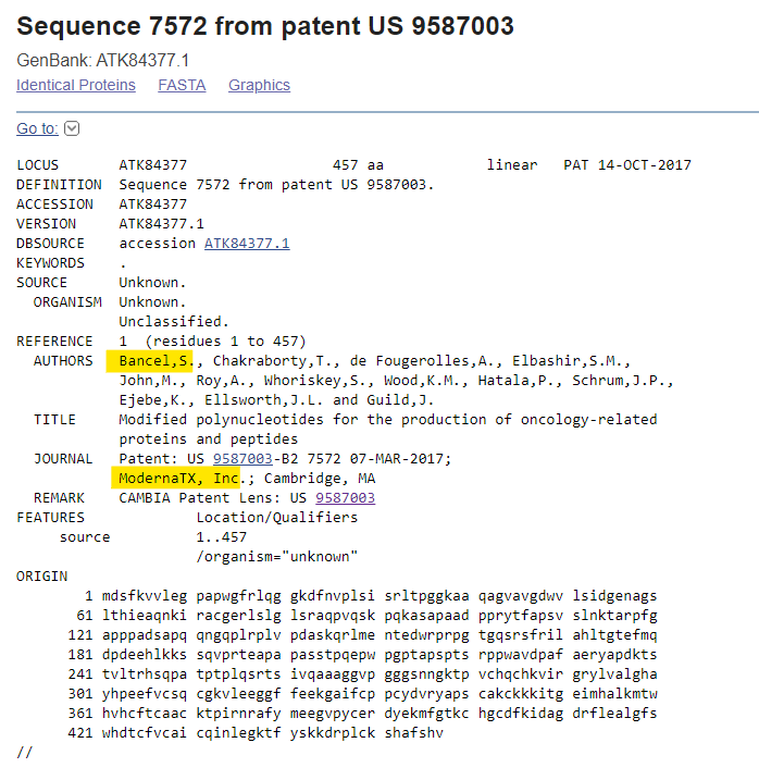 JikkyKjj's tweet image. Do you want to hear a story?

The patent claim (i.e. the bit that they were claiming the patent for) in Moderna's huge patent 9587003 was for an existing human protein sequence. It was a naturally occuring protein. 
#ENIGMAgate

#jikkyleaks #modernagate 
ncbi.nlm.nih.gov/protein/NP_005…