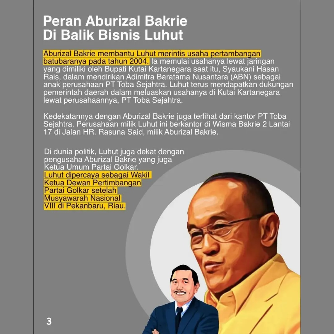 jatamnas's tweet photo. 𝐒𝐞𝐫𝐢 𝐓𝐨𝐤𝐨𝐡 𝐎𝐥𝐢𝐠𝐚𝐫𝐤𝐢 01

Nama Luhut Binsar Pandjaitan telah sering disebut sbg bagian dr oligarki. 

Selain memegang jabatan (politik) publik, Luhut memiliki banyak bisnis. Jokowi adalah, salah satu rekanan bisnisnya. Di fase awal, Aburizal Bakrie turut berperan. https://t.co/8CAiitiNgS