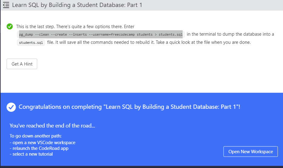 chen_luwei's tweet photo. Day 18-24

5th tut of relational database course
Learn SQL by Building a Student Database: Part 1
- Main takeaway: Learn to automate entries into database through loops

#100DaysOfCode
#freeCodeCamp 

Let's keep moving https://t.co/hs8fCLLXza