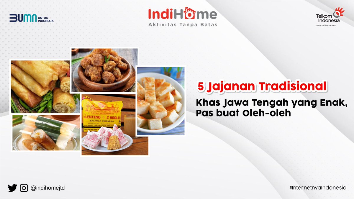 IndihomeJTD's tweet image. Makanan tradisional emang gapernah salah sih, apalagi oleh2 khas Jawa Tengah, mana nih favorit kalian sob? 😋

#AktivitasTanpaBatas 
#IntenetnyaIndonesia