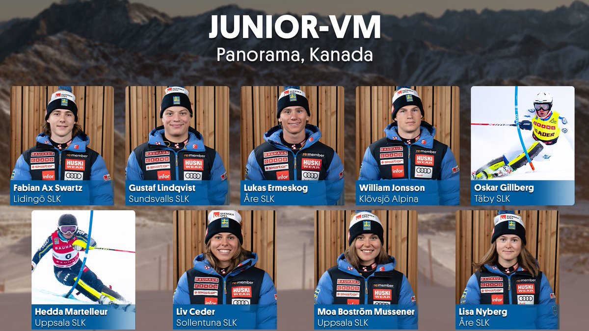 Svenska truppen till JVM i Kanada
Lisa Nyberg, Åre SLK
Hedda Martelleur, Uppsala SLK
Moa Boström Müssener,d.o
Liv Ceder, Sollentuna SLK

Fabian Ax Schwartz, Lidingö SLK
Gustaf Lindqvist, Sundsvalls SLK
William Jonsson, Klövsjö Alpina
Lukas Ermeskog, Åre SLK
Oskar Gillberg , Täby