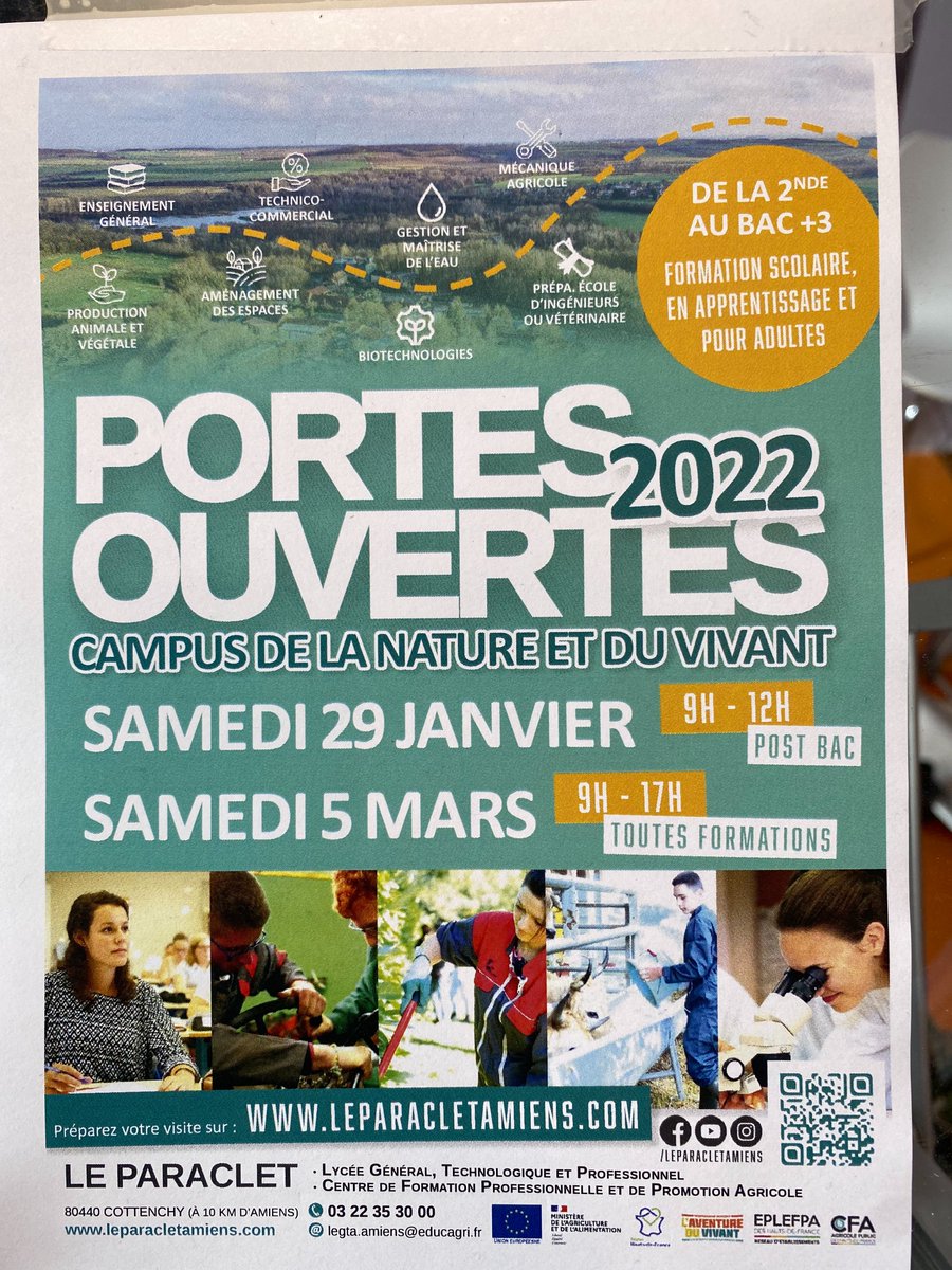 CfppaLeParaclet's tweet photo. Si vous souhaitez des informations sur nos #formations professionnelles #agricoles, nous sommes encore présents pour vous renseigner aujourd'hui jusqu'à 17h, au Salon de L'@Etudiant #Alternance, #Apprentissage et Métiers à Mégacité #Amiens (Hall Marquenterre). 
A bon entendeur ! https://t.co/WLL7dSYiNH