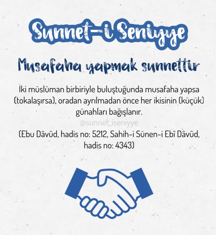 sunnet_iseniyye's tweet photo. Musafaha yapmak sunnettir.
İki müslüman birbiriyle buluştuğunda musafaha yapsa (tokalaşırsa), oradan ayrılmadan önce her ikisinin (küçük) günahları bağışlanır.
(Ebu Dâvûd, hadis no: 5212, Sahih-i Sünen-i Ebî Dâvûd, hadis no: 4343)
#musafaha #tokalaşma #sünnet #sünnetiseniyye https://t.co/WK5kU941KW