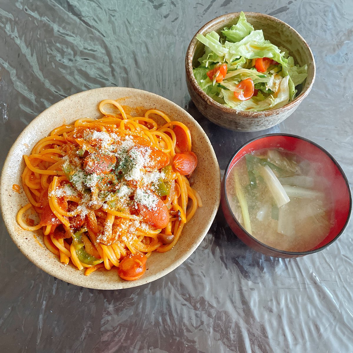 今日の ✨ナポリタン ✨ポン酢和風サラダ ✨白菜のニラの味噌汁