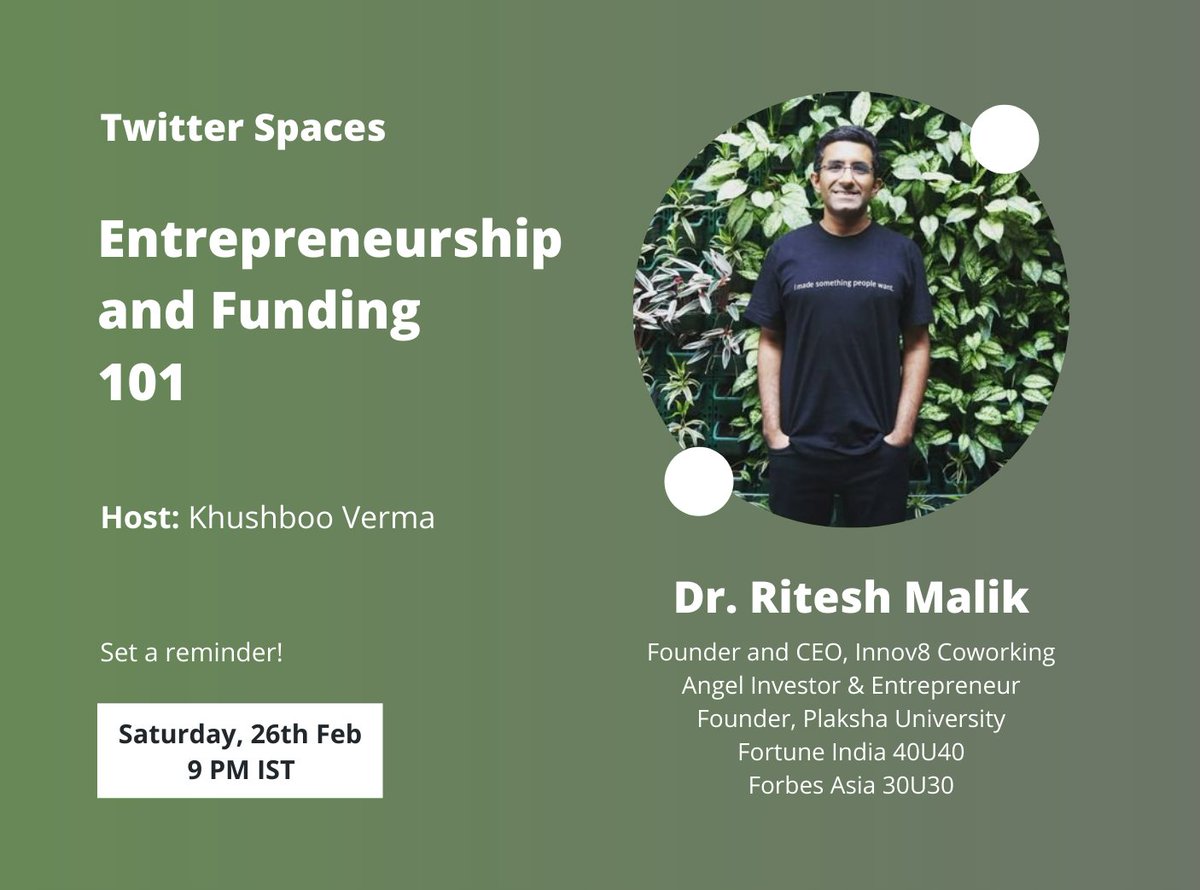 khushbooverma's tweet image. We often hear about startups and funding, and if you&apos;re someone like me who wants to understand the basics of entrepreneurship and funding beyond the hype, then join us tonight as I host @drriteshmalik at 9 PM IST! 💯