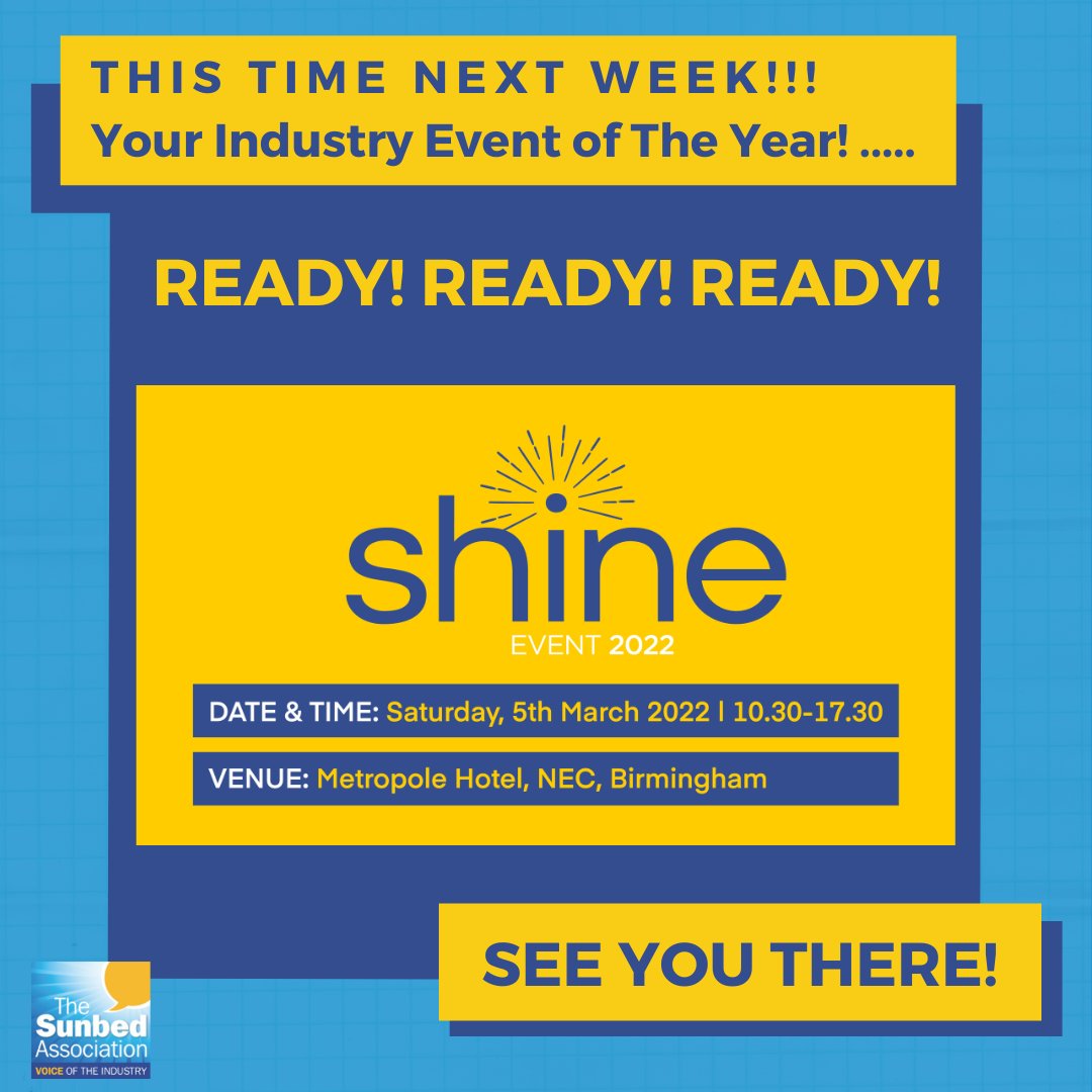 Just one week to go until IT'S TIME TO SHINE! So excited for our sell-out event with its fantastic line-up of speakers, displays & stand out networking opportunity for professional tanning salon operators. It will be our best event to date! See you there! Ticket holders only.