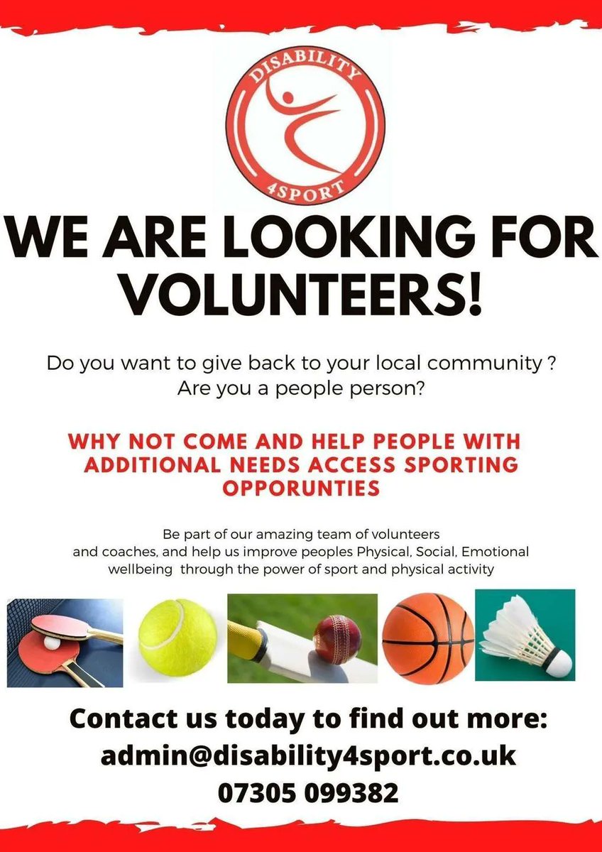 Who would like to give something back to their community?🤔 
Volunteers play an important role in our Disability4Sport community by enabling people with additional needs to get the most out of our sporting, physical &amp; social opportunities we provide In Colchester &amp; Chelmsford